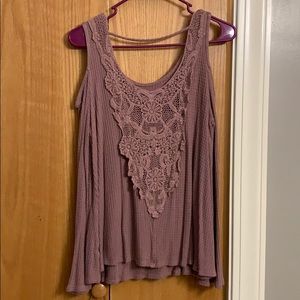 Blush pink lace-back off the shoulder shirt